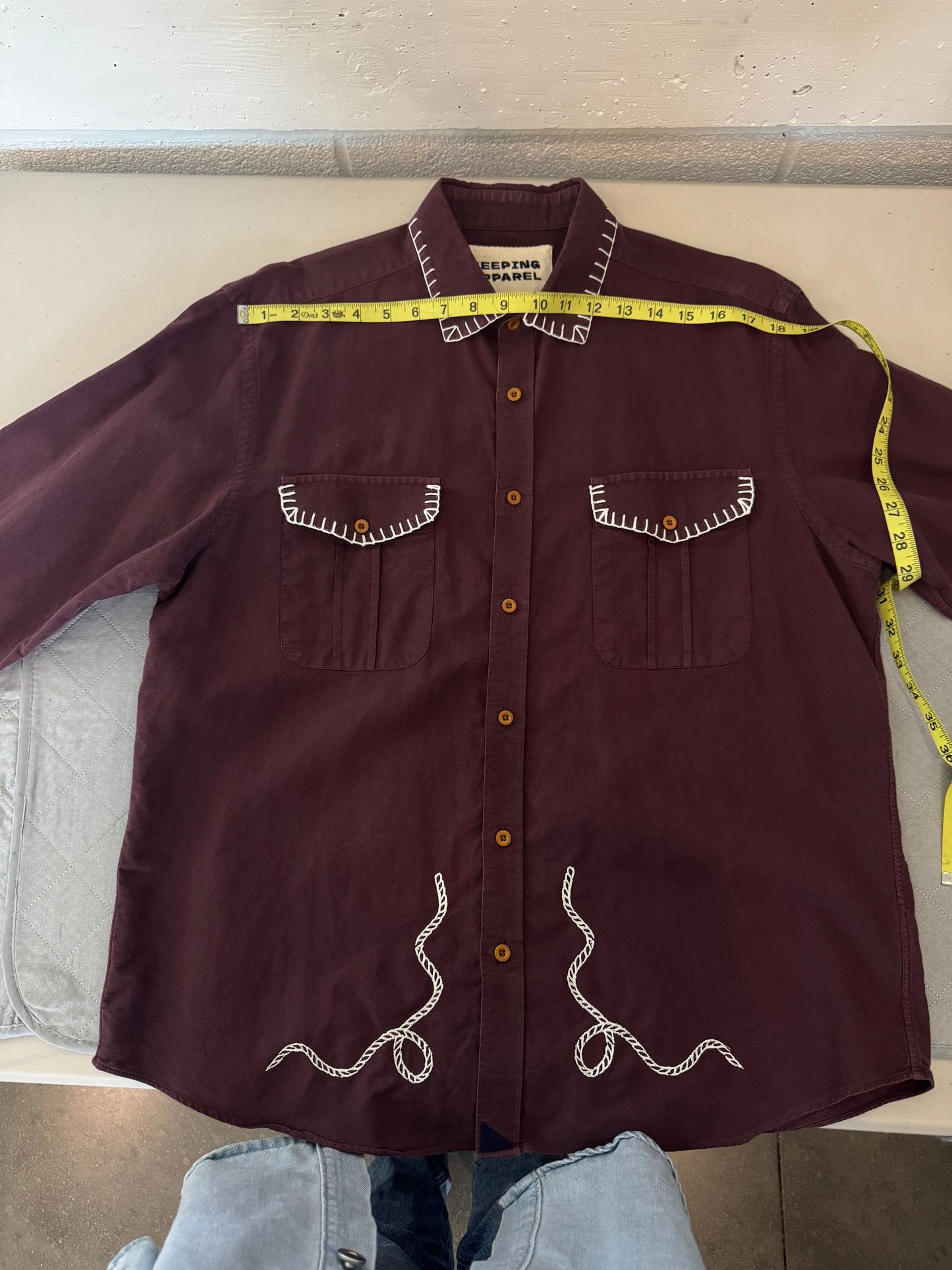 Michael Handcrafted Cowboy Blanket Stitch Embroidered Button Down In Red Brown