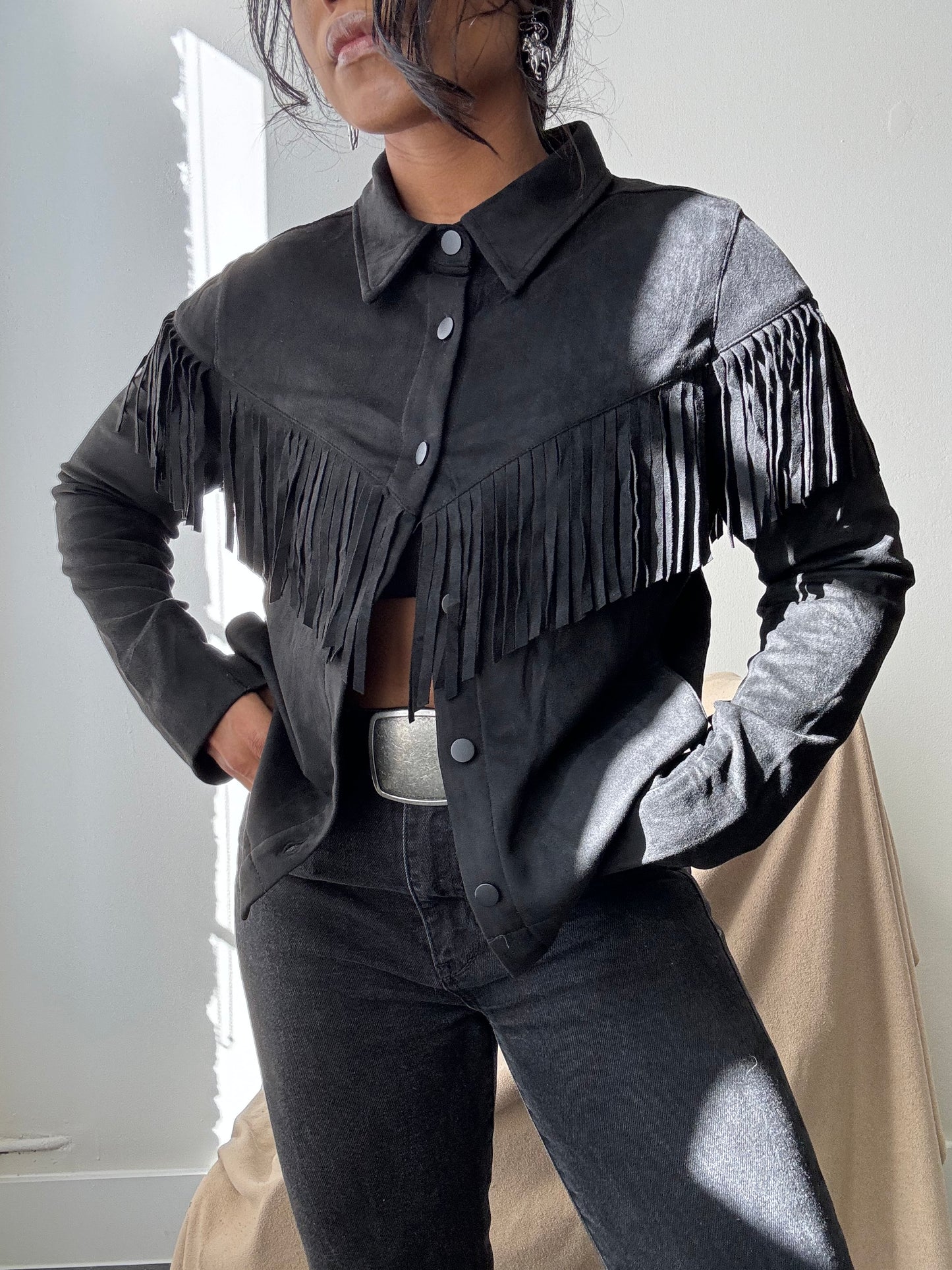 Brooks Cropped Fringe Suede Modern Western Shacket In Black