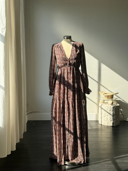 Madeline Button Front Floral Maxi Dress In Vintage Brown