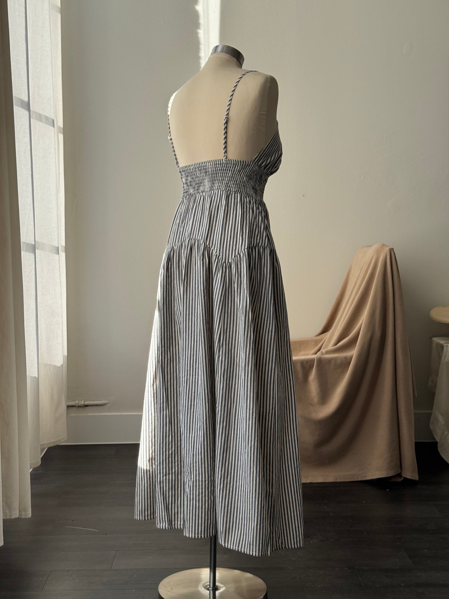 Cherie Cotton Striped Midi Dress In Midnight Navy