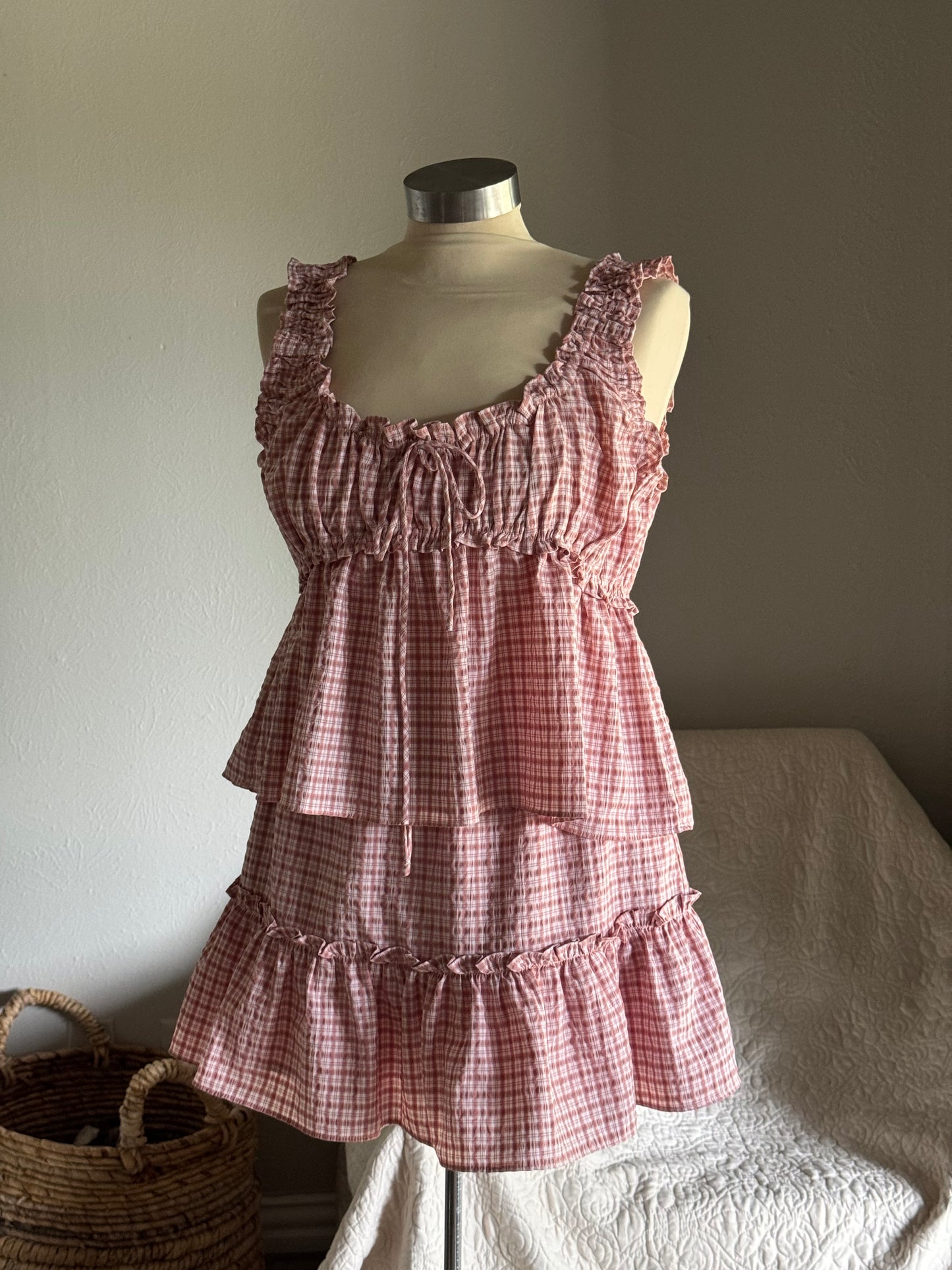Fay Cotton Plaid Ruffle Top In Blush