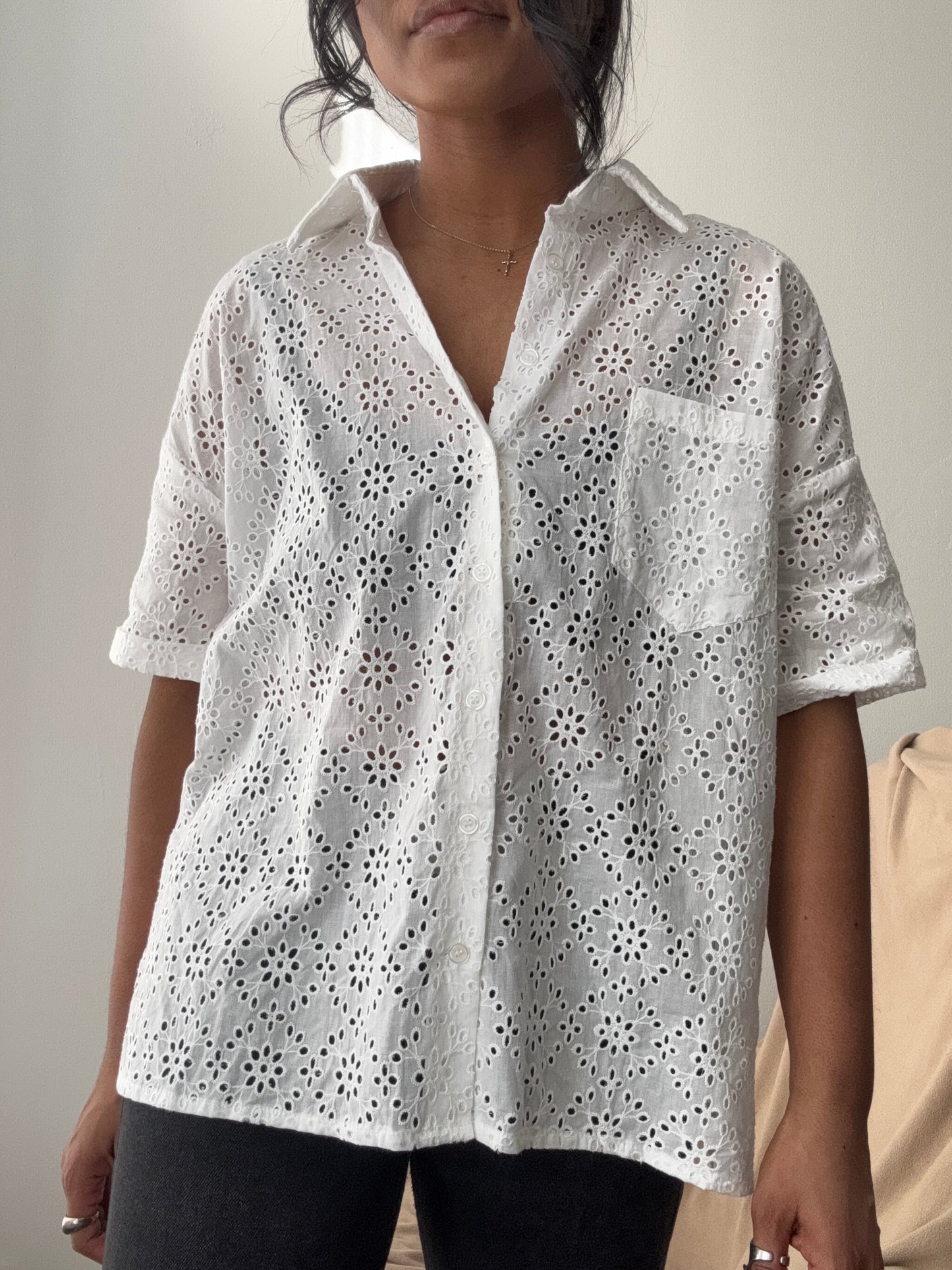 Courtney Cotton Eyelet Button Down Shirt In White