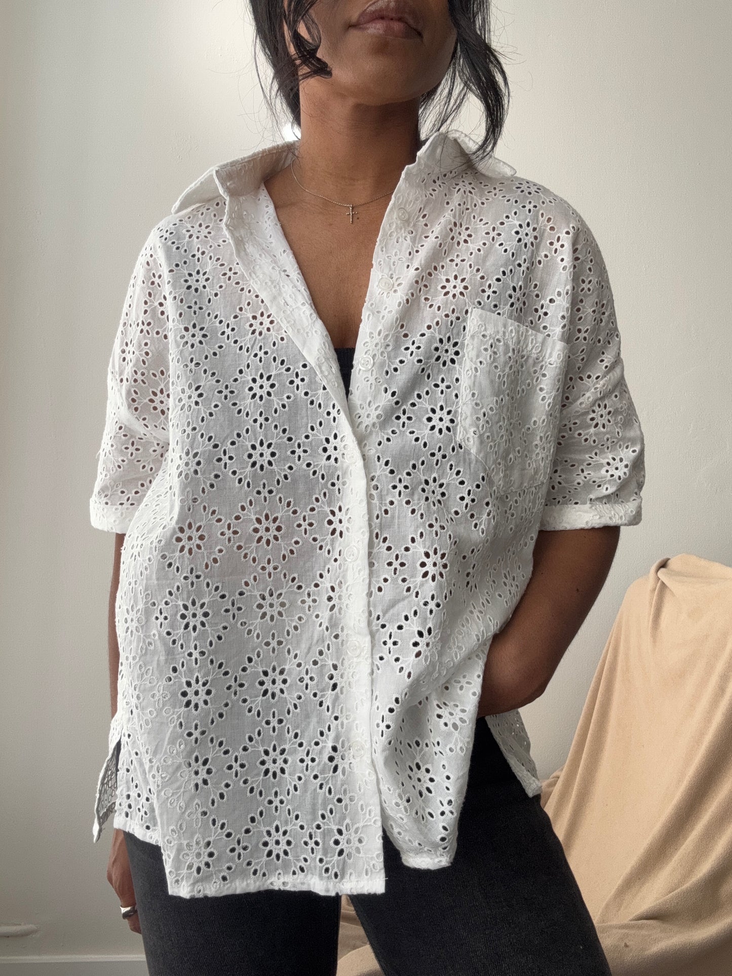 Courtney Cotton Eyelet Button Down Shirt In White