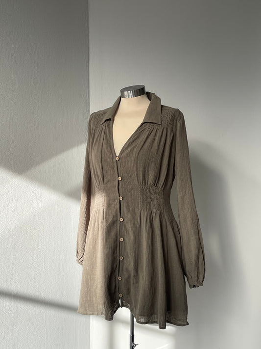 Yura Linen Button Down Balloon Sleeve Day Dress In Vintage Olive
