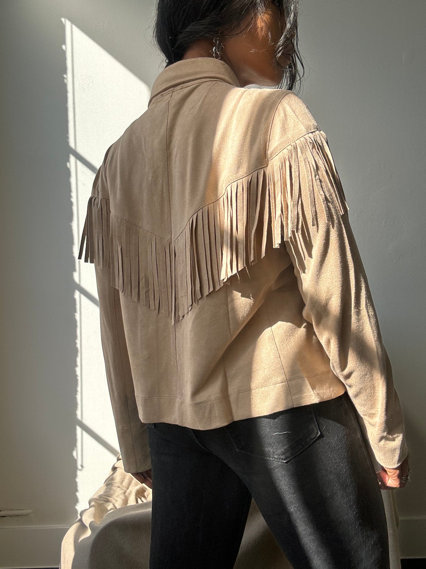 Brooks Cropped Fringe Suede Modern Western Shacket In Taupe