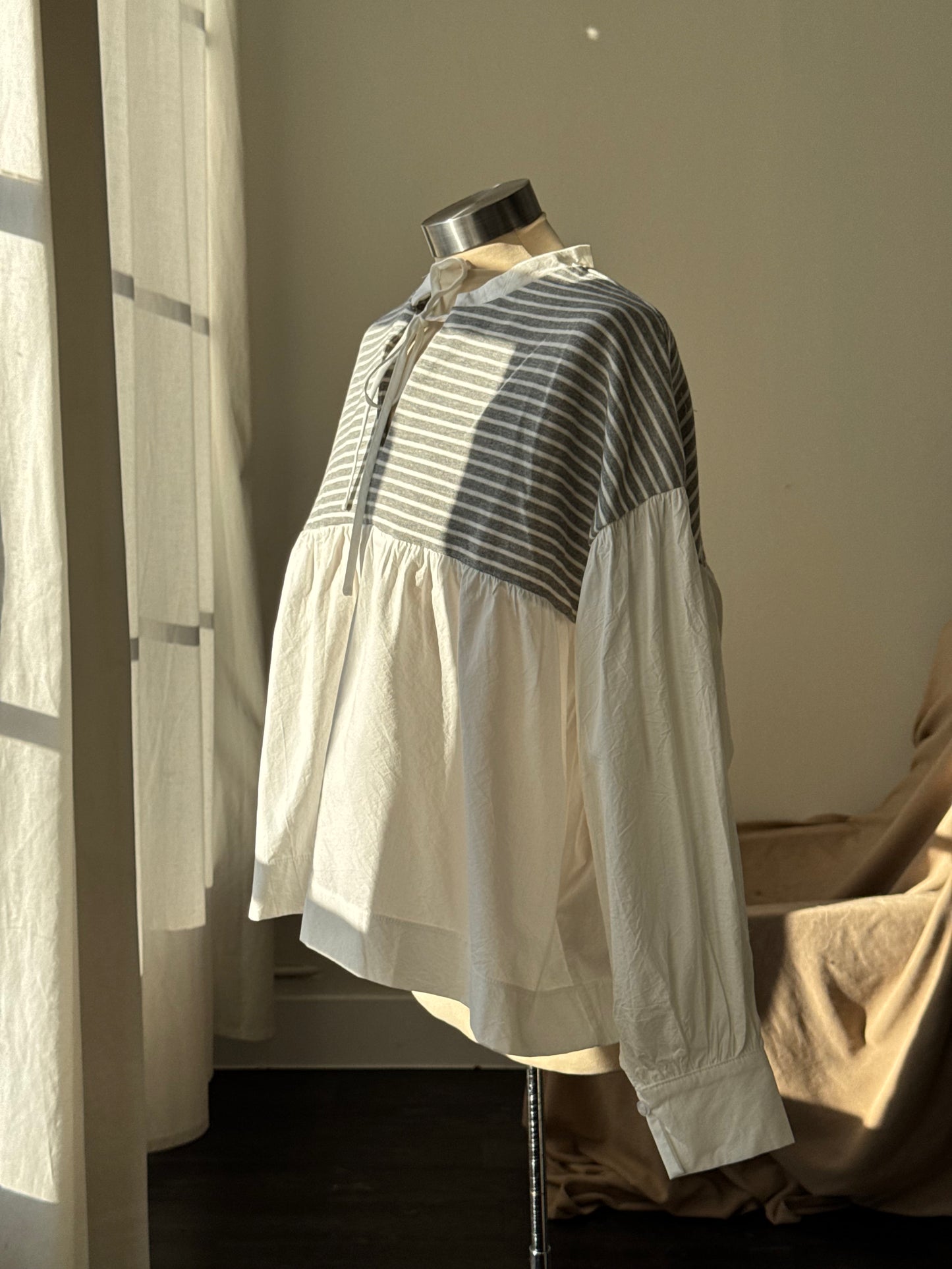 Chasity Cotton Mock Tie Neck Striped Two Tone Top In Grey￼