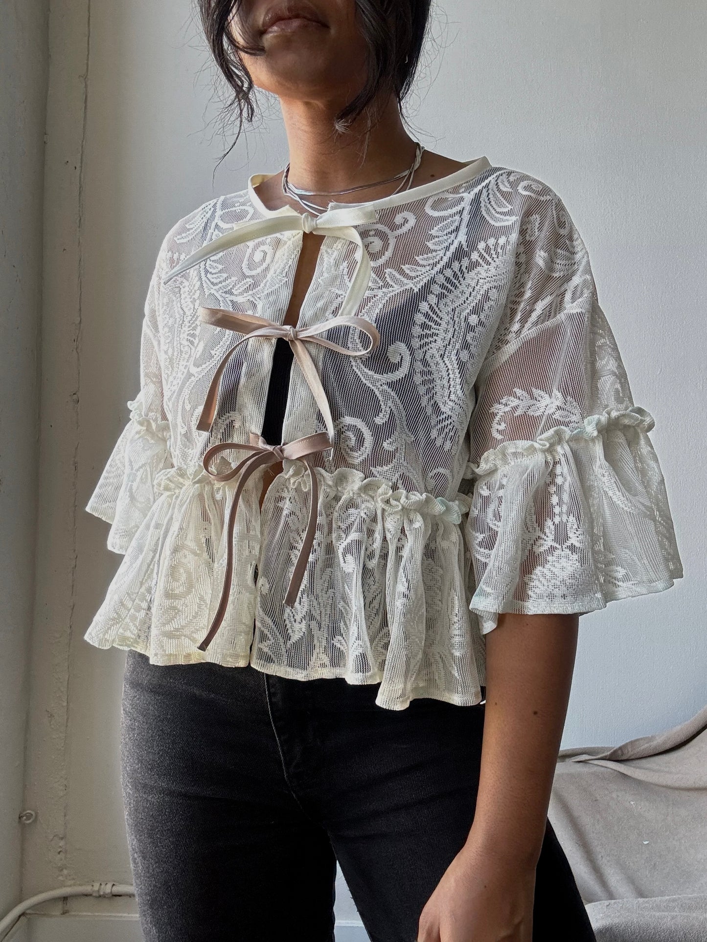 Eliza Vintage Lace Handcrafted Ruffle Top In Napoleon Cream