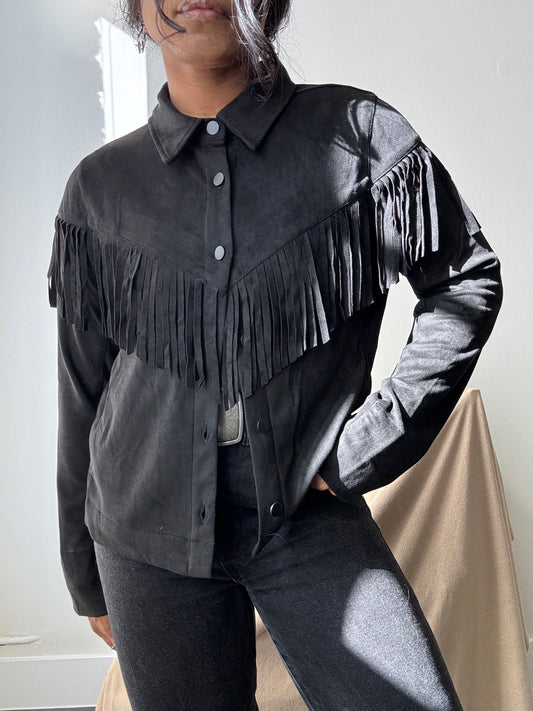 Brooks Cropped Fringe Suede Modern Western Shacket In Black