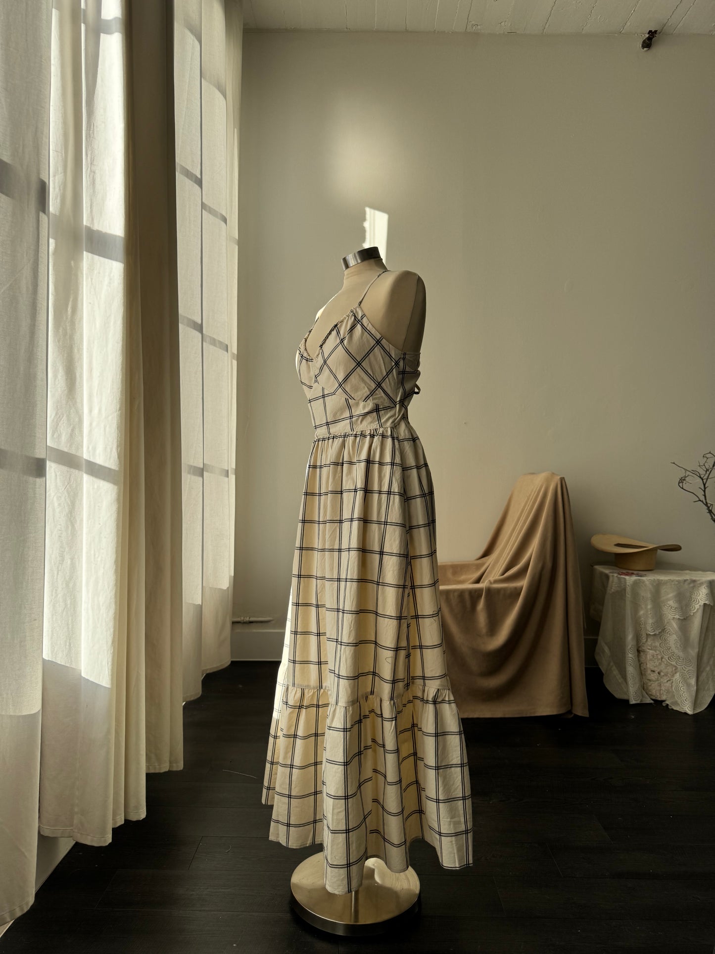 Lydia Cotton Plaid Maxi Dress In Cream￼