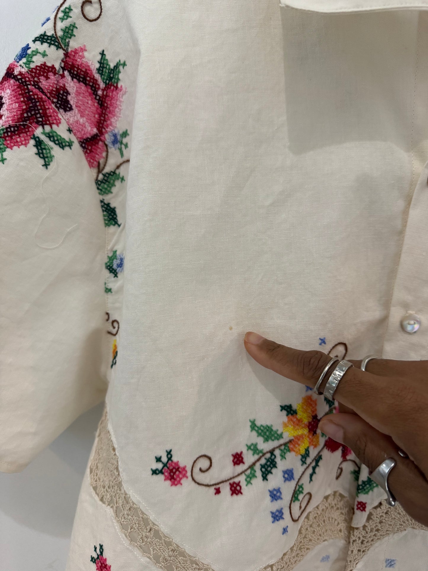 Judy Handcrafted Vintage Embroidered Crochet Cropped Button Down