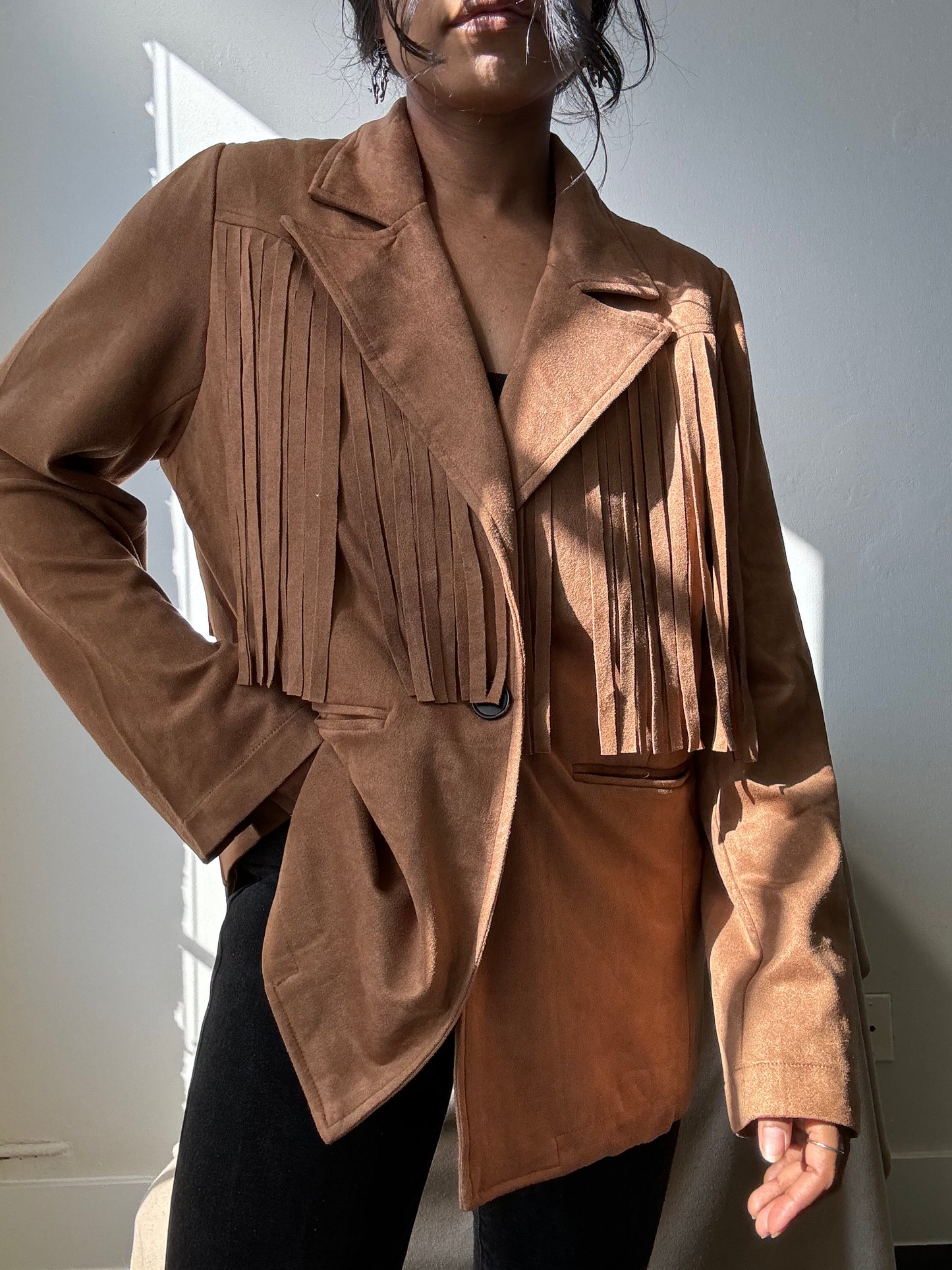 Booker Fringe Suede Modern Western Blazer In Camel