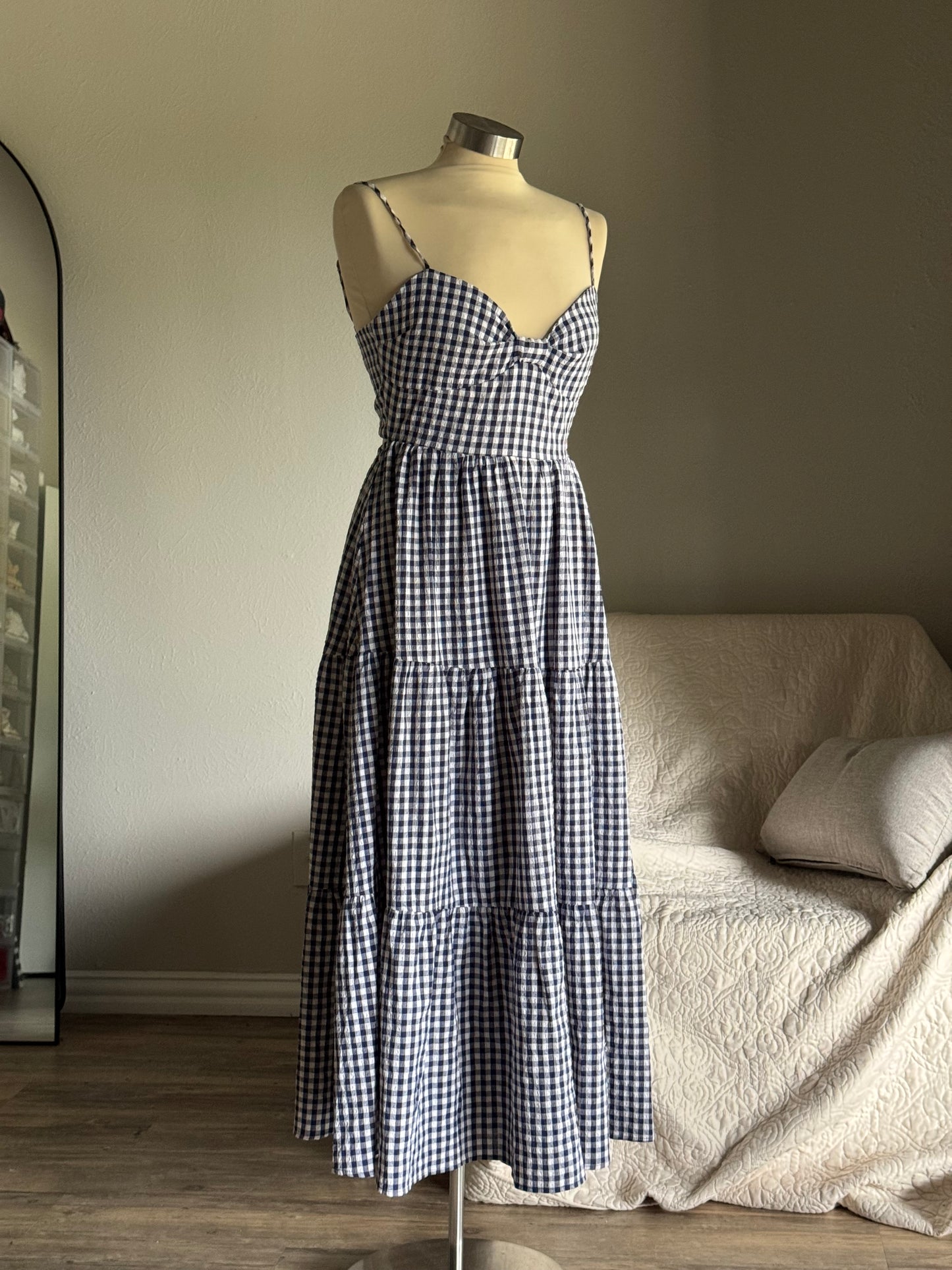 Mary Cotton Gingham Open Back Maxi Dress In Midnight Navy