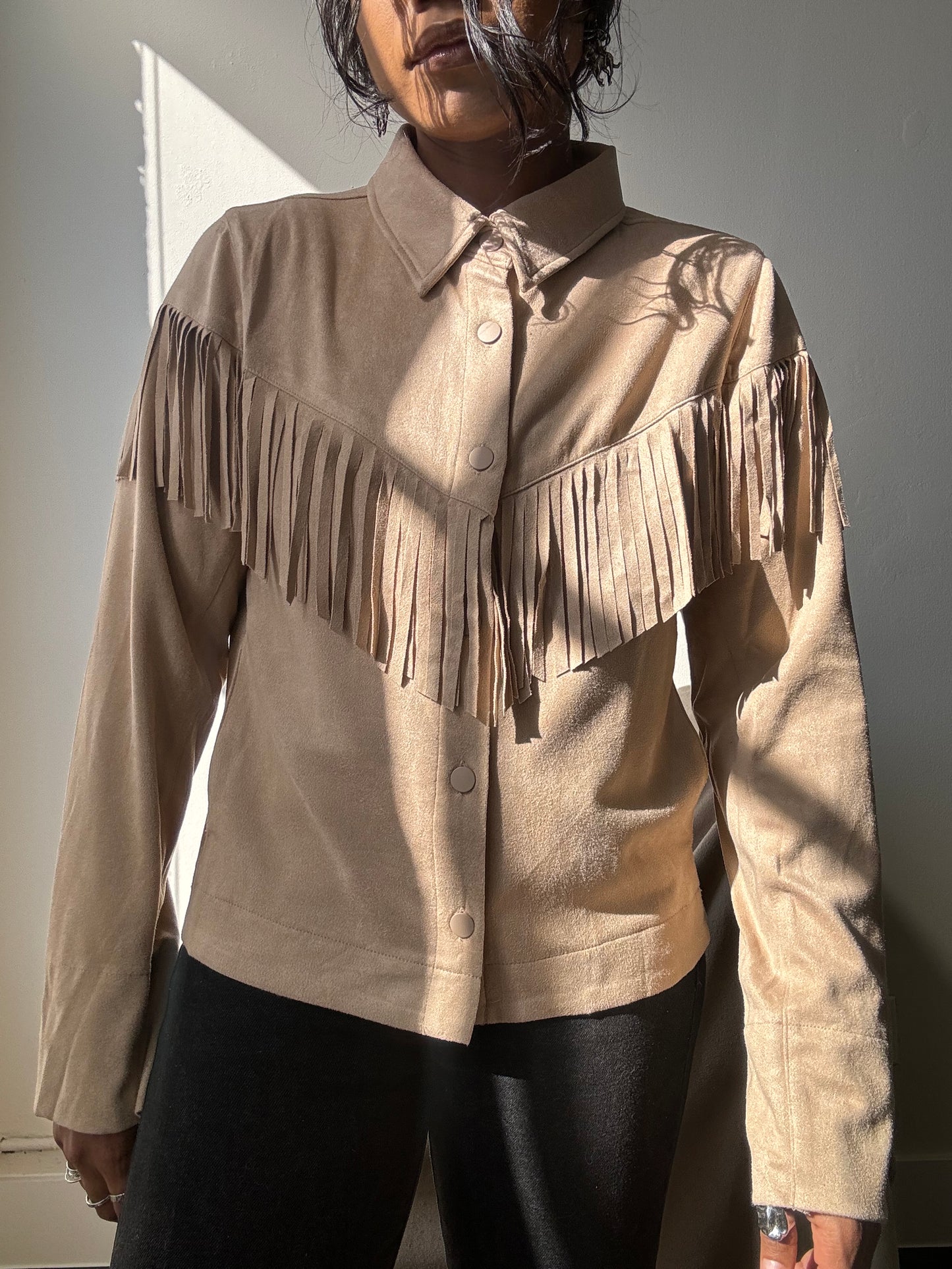 Brooks Cropped Fringe Suede Modern Western Shacket In Taupe