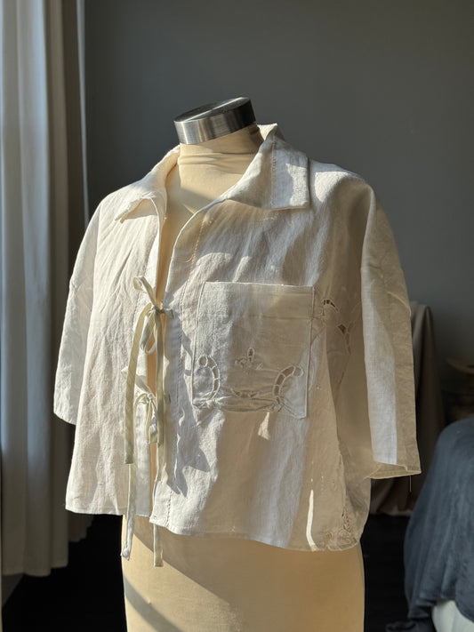 Judy Handcrafted Vintage Tie Front Top In Linen