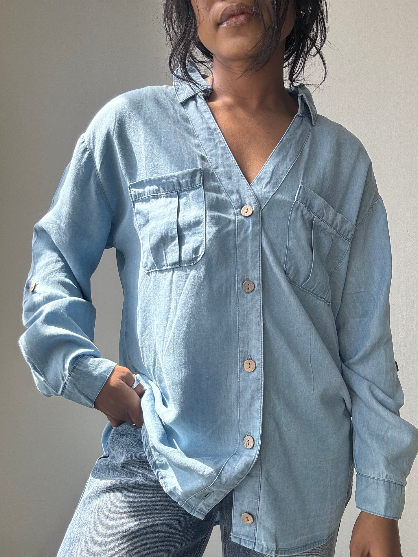 Jake Tencel & Cotton Button Down Shirt In Light Denim