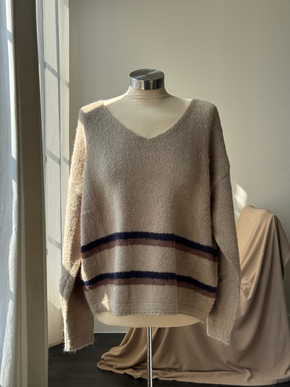 Nora V Neck Striped Pullover Sweater In Taupe