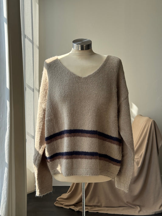 Nora V Neck Striped Pullover Sweater In Taupe￼￼
