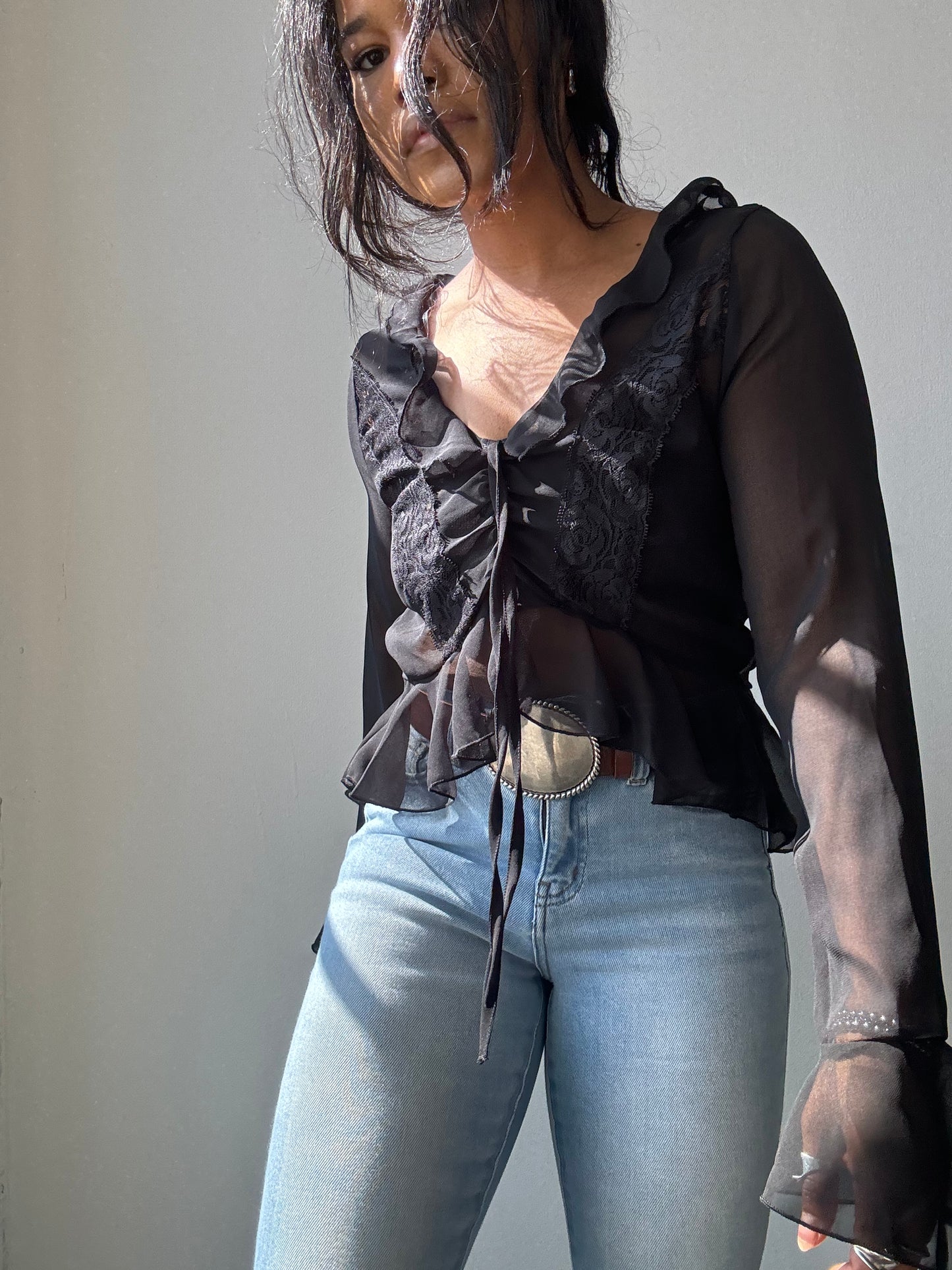 Melody Sheer Lace Tie Front Ruffled Top In Black