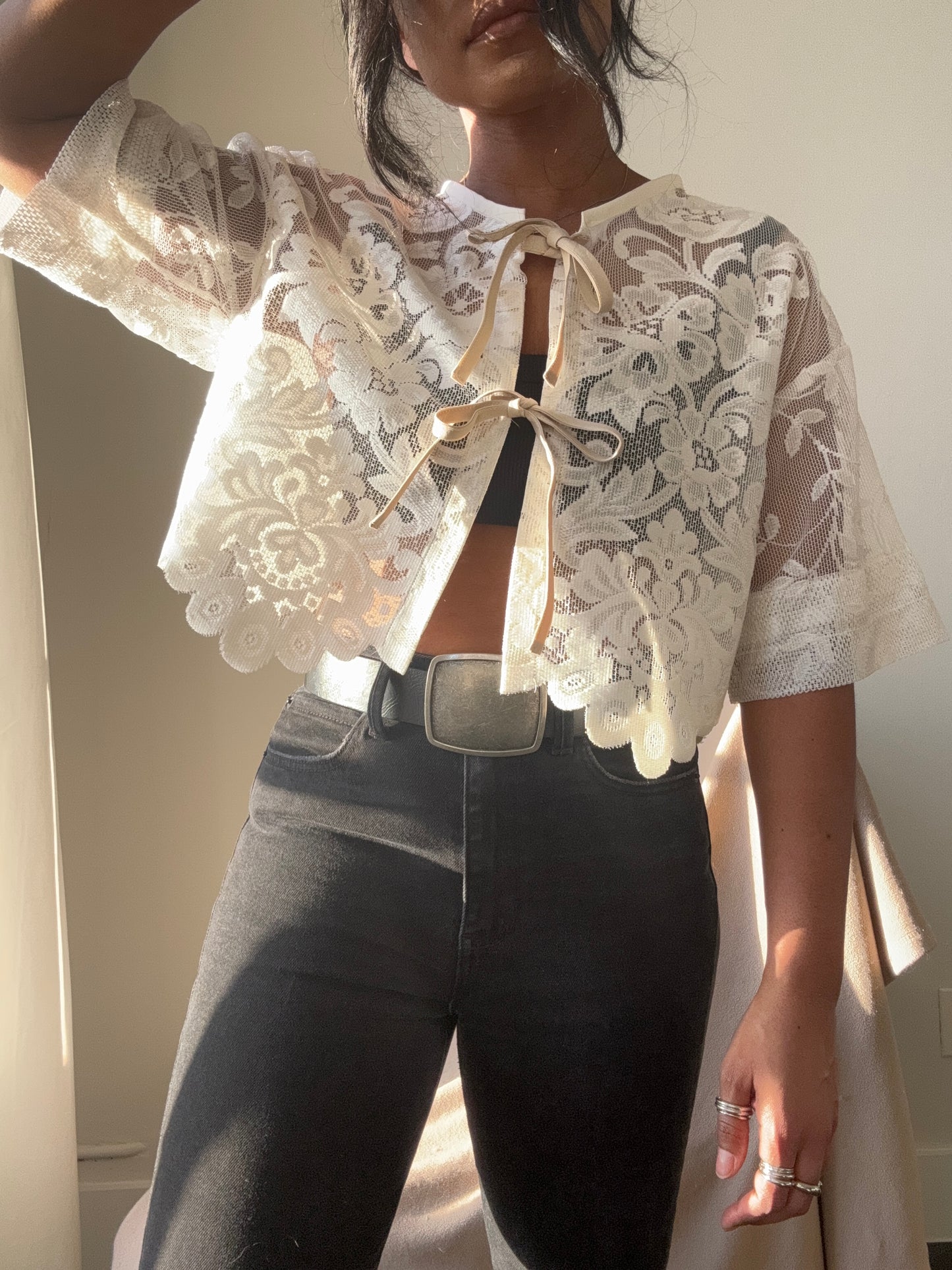 Roberta Handcrafted Vintage Lace Tie Top In Ivory