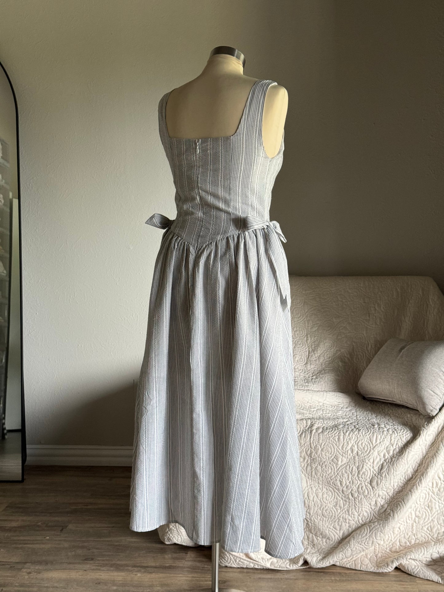 Harly Cotton Striped Side Tie Midi Dress In Ash￼