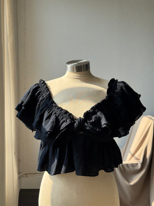 Helena Cotton Ruffle Cropped Top In Black