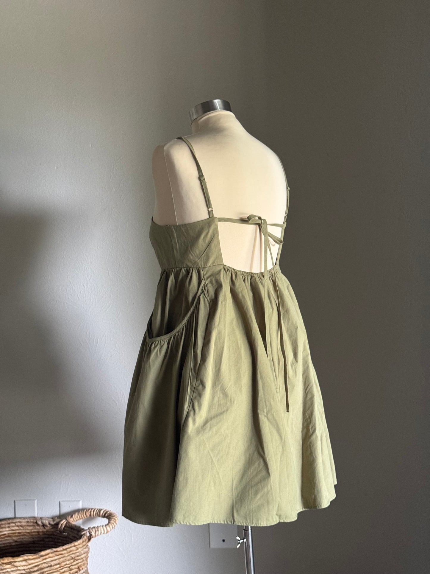 Karina Cotton Button Front Open Back Dress In Avocado