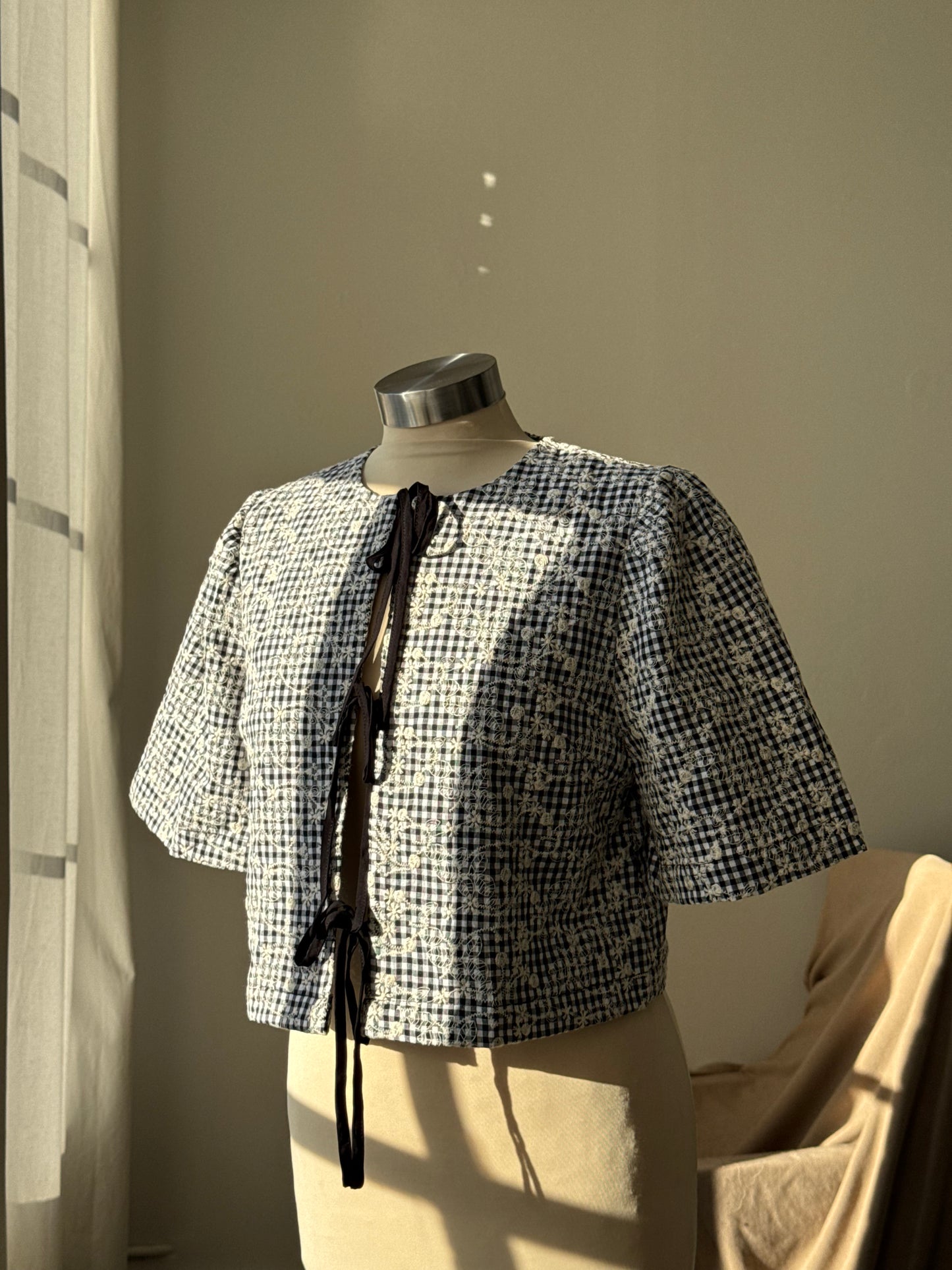 Toni Cotton Embroidered Tie Front Top In Black Floral Gingham￼ ￼