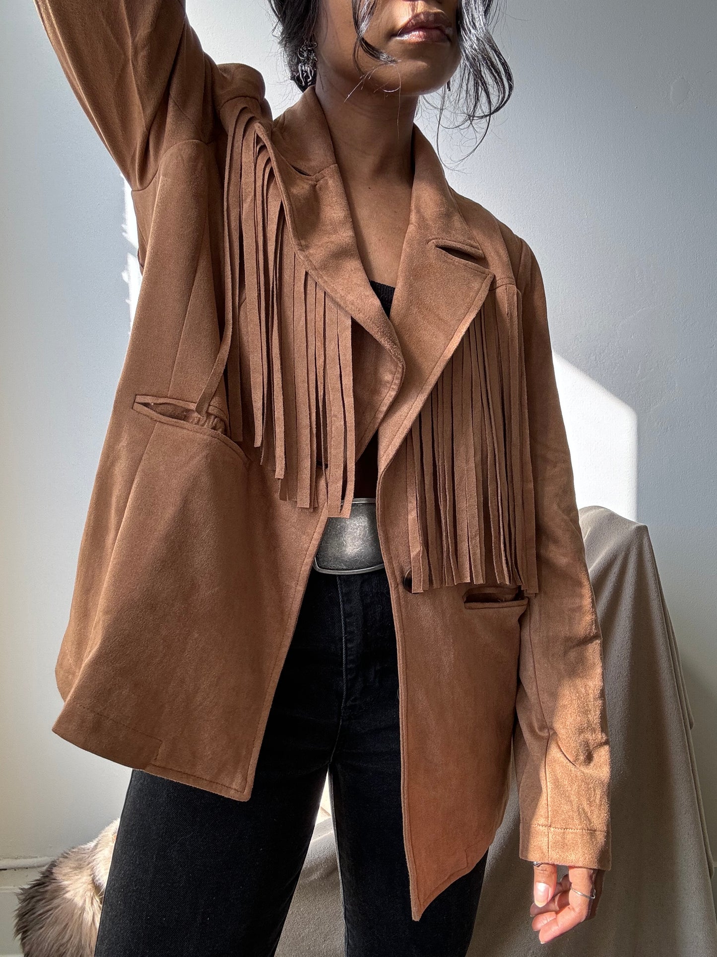 Booker Fringe Suede Modern Western Blazer In Camel