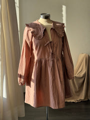 Odessa Striped Tie Front Ruffle Collar Cotton Dress In Malt