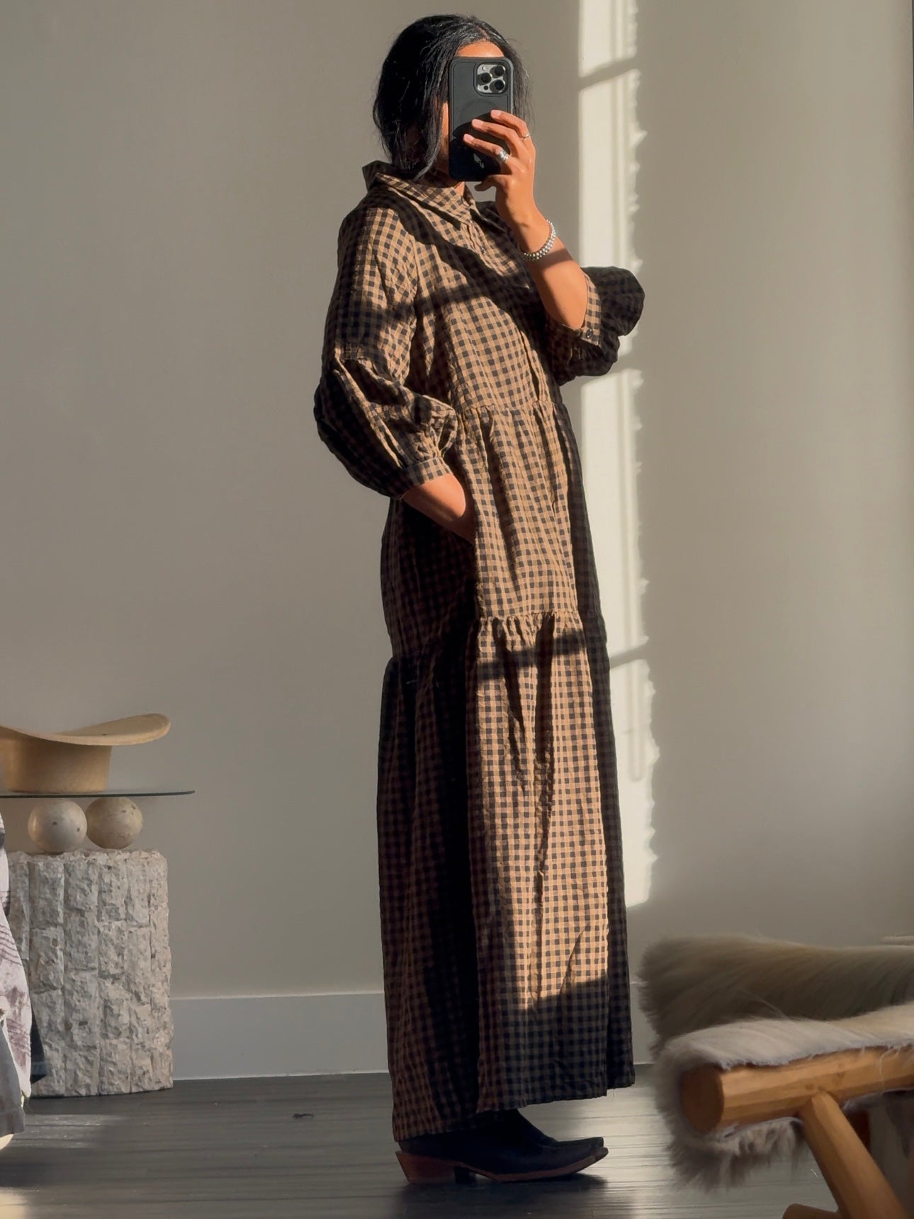 Jacqueline Cotton Gingham Maxi Dress In Olive Brown