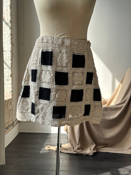 Katie Cotton Crochet Check Mini Skirt In Black