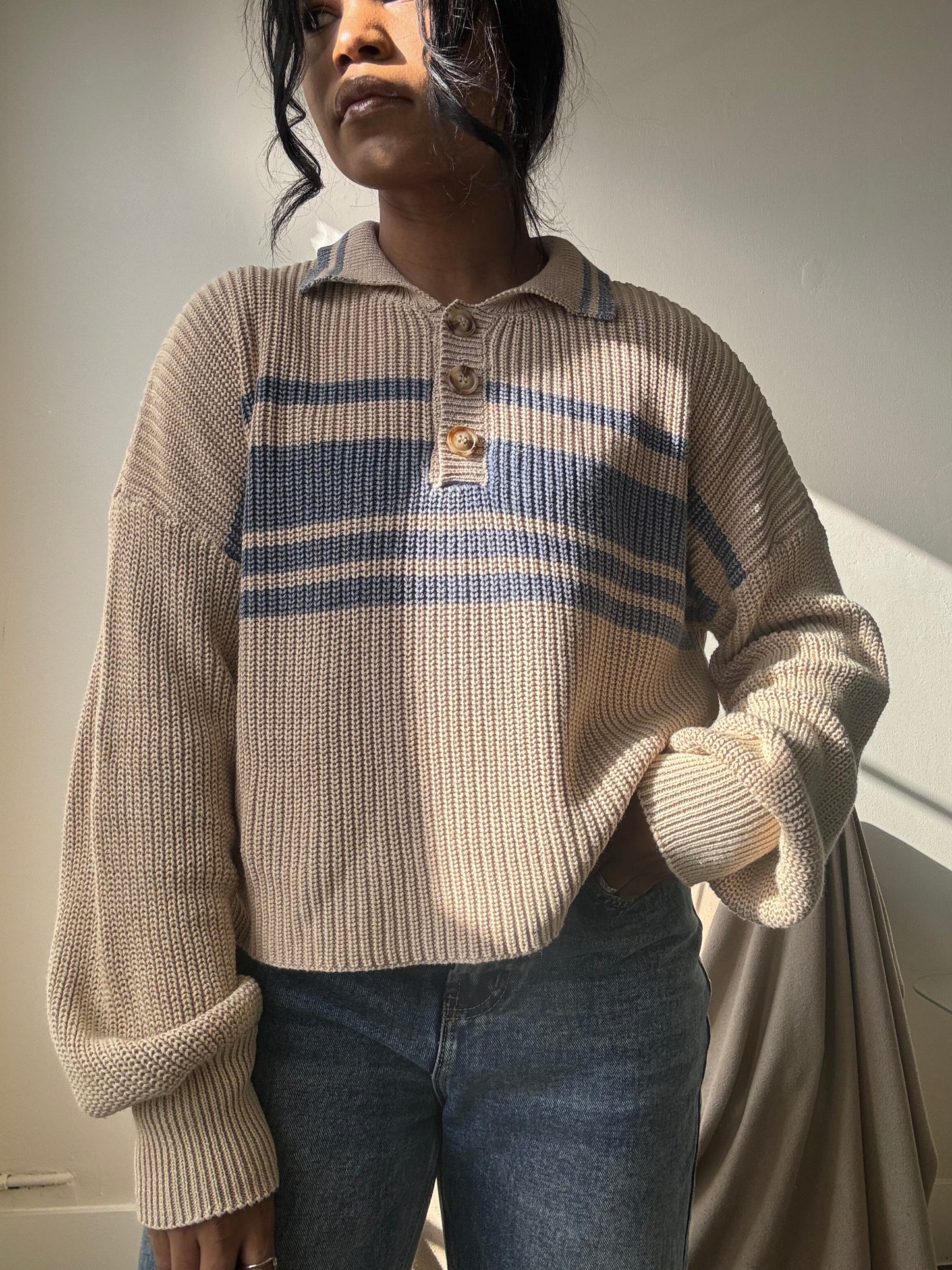 Malcolm Cotton Classic 90s Style Cropped Sweater In Vintage Blue