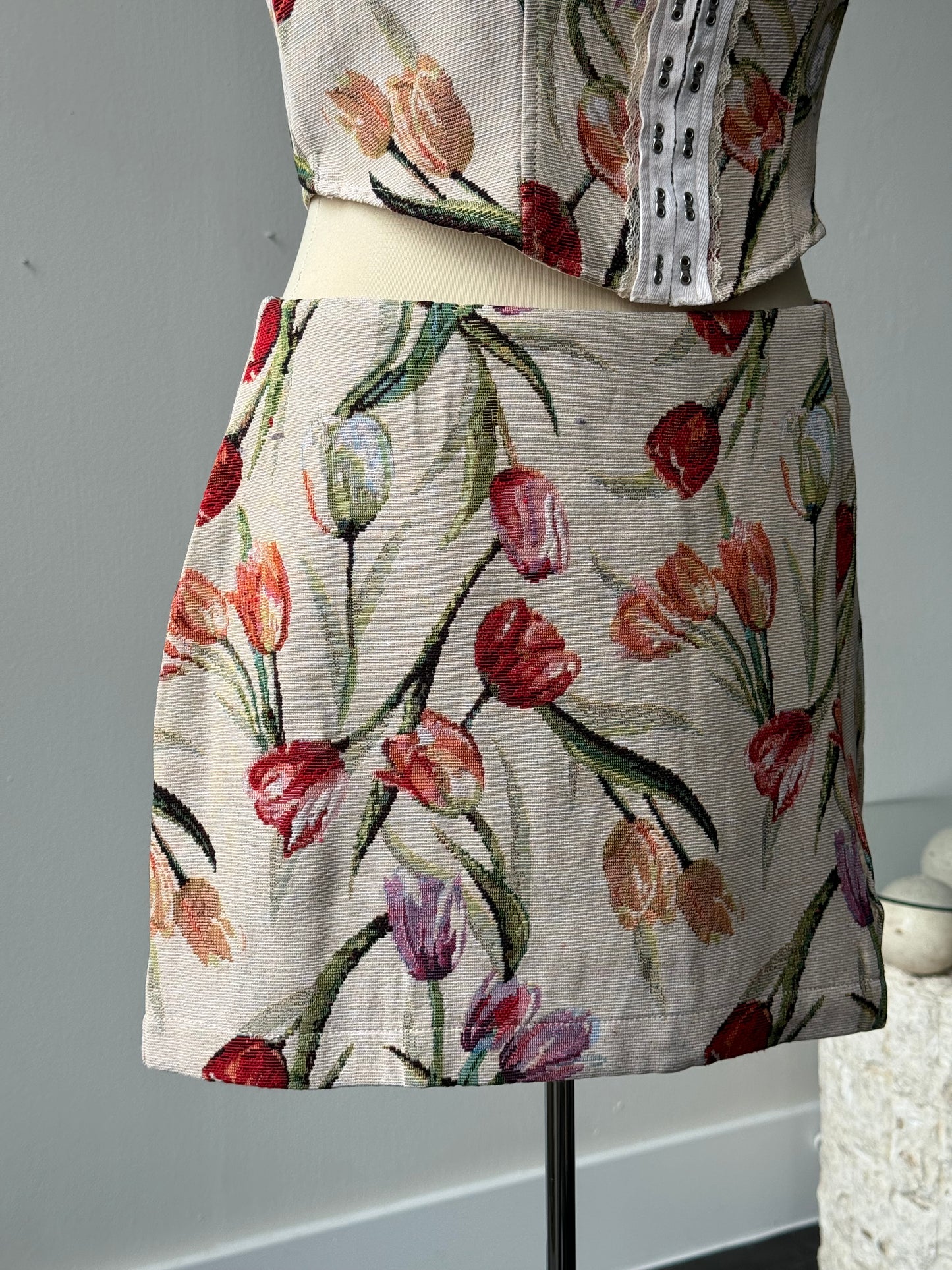 Sabrina Embroidered Tulip Floral Slit Mini Skirt In Taupe