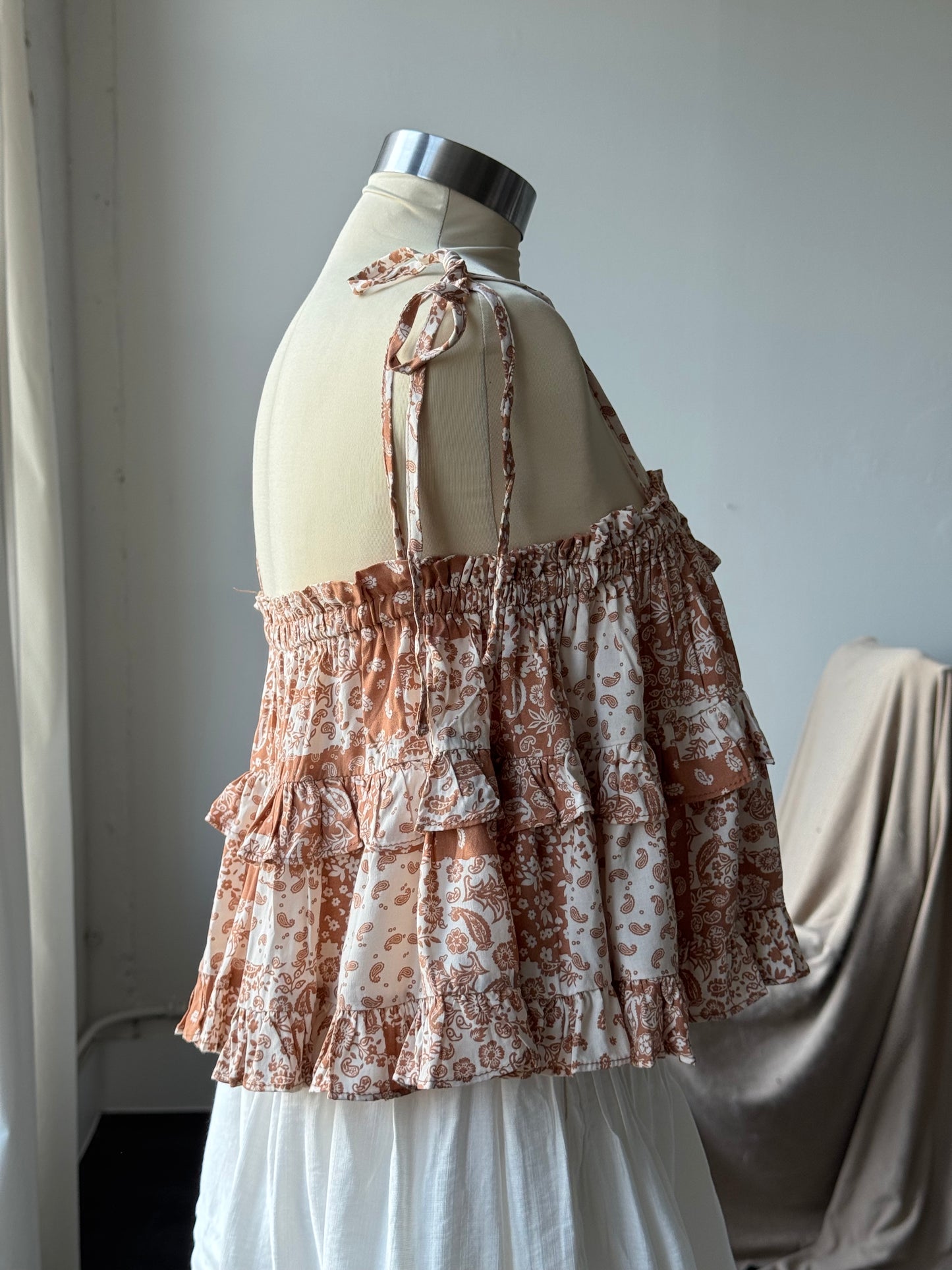 Terry Paisley Patch Bandana Ruffle Top In Red Canyon