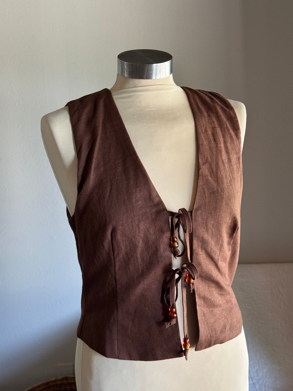 Jolene Linen Tie Front Bead Vest In Chocolate
