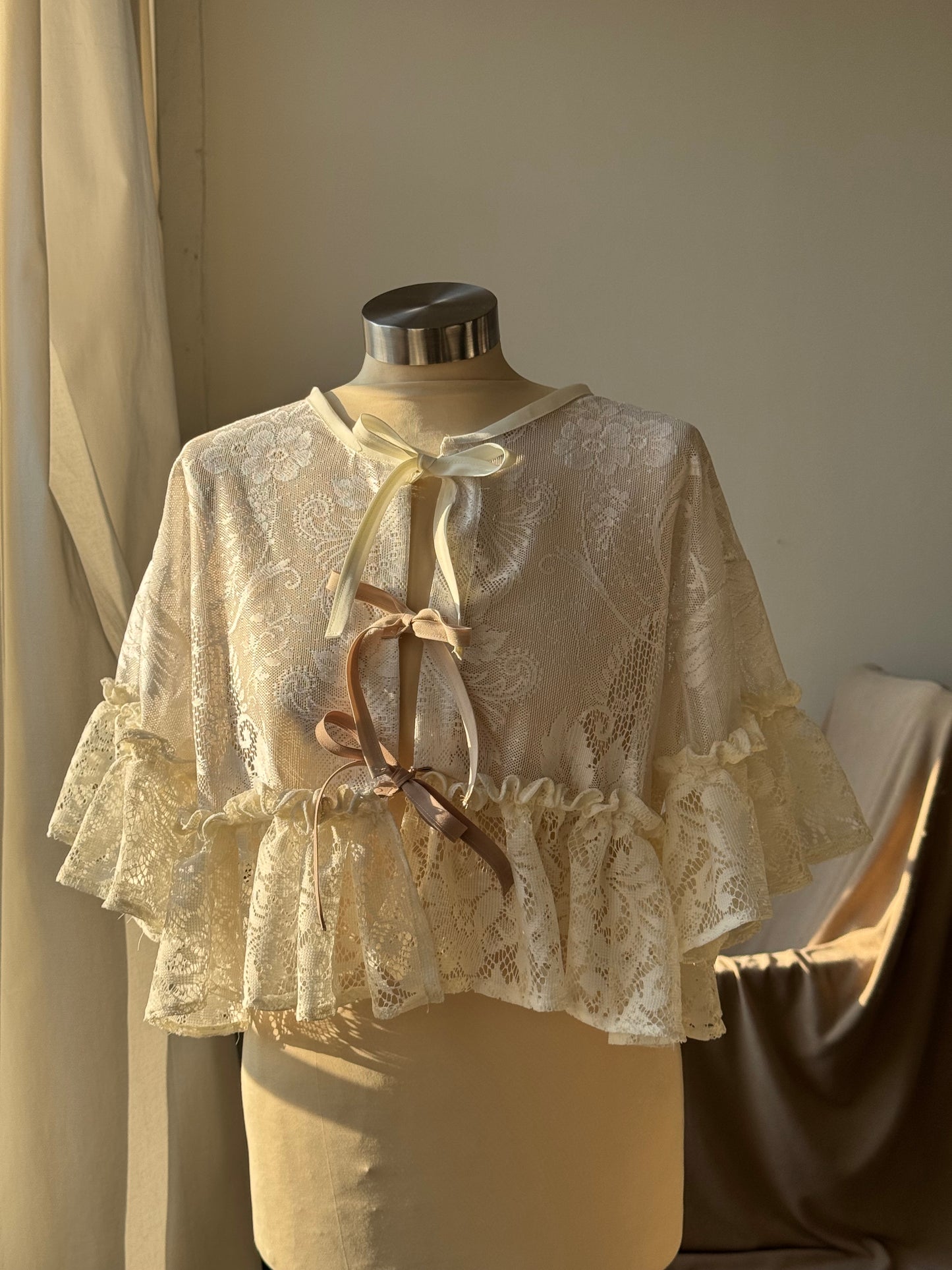 Eliza Two Tone Vintage Lace Handcrafted Ruffle Top In Ivory