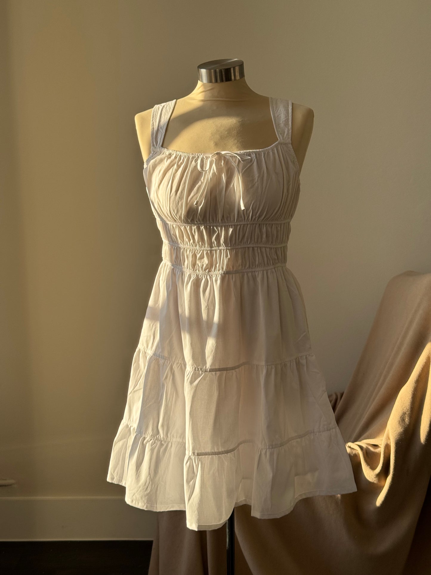 Michelle Cotton Rouged & Tiered Sun Dress In White