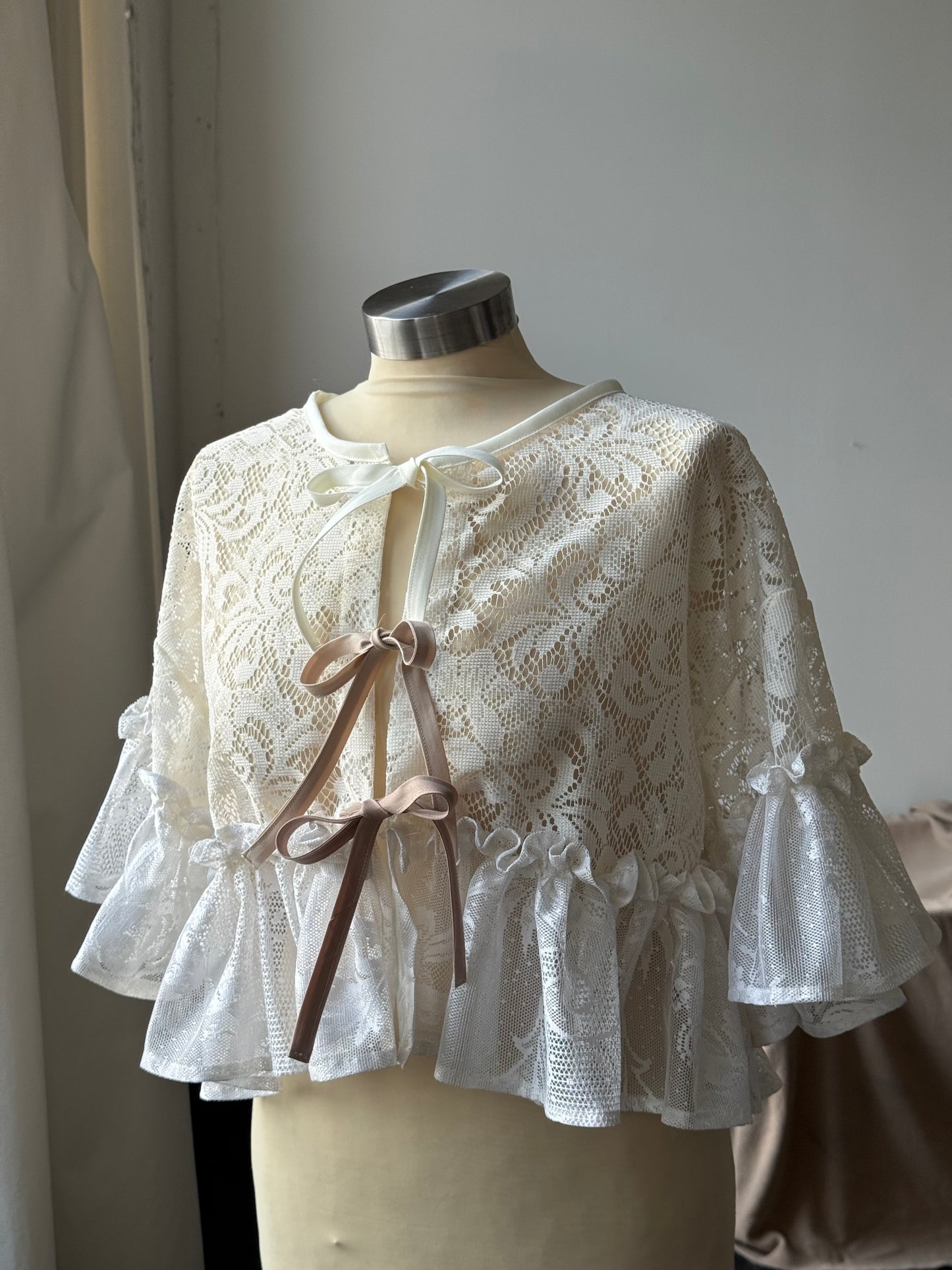 Eliza Two Tone Vintage Lace Handcrafted Ruffle Top In Napoleon