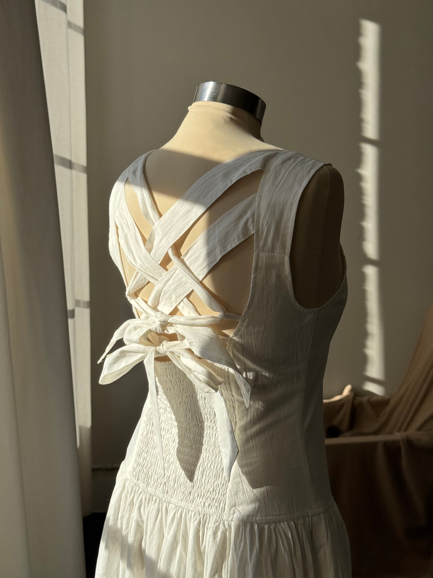 Costella Cotton Lace Up Back Midi Dress in Ivory