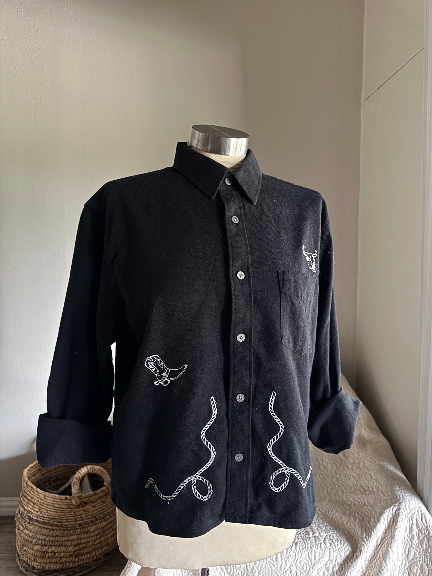 Lawrence Handcrafted Sad Songs Cropped Long Sleeve Button Down In Black