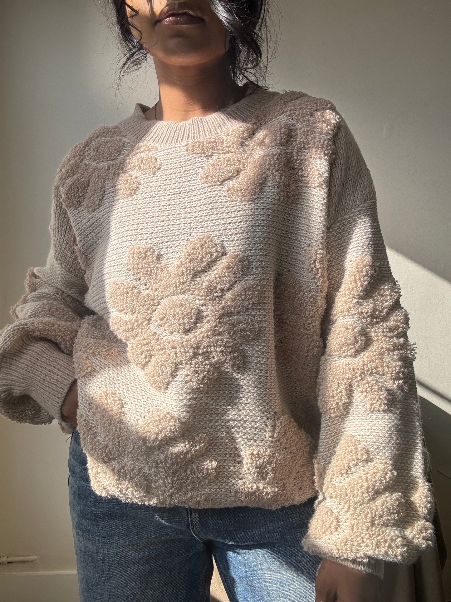 Mable Cotton Knit Floral Pullover Sweater In Natural