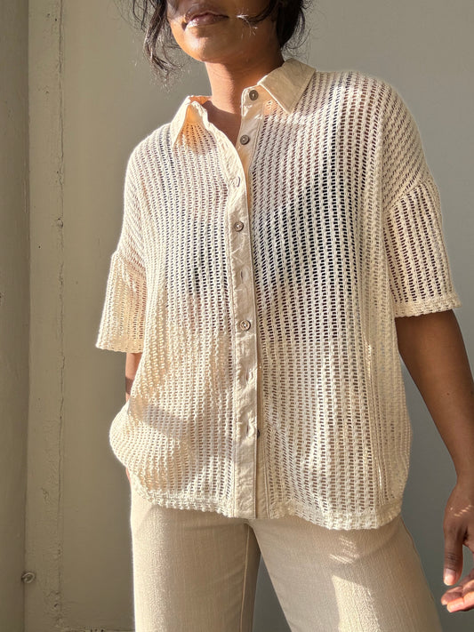 Marsha Crochet Short Sleeve Button Down Shirt In Ivory Cream