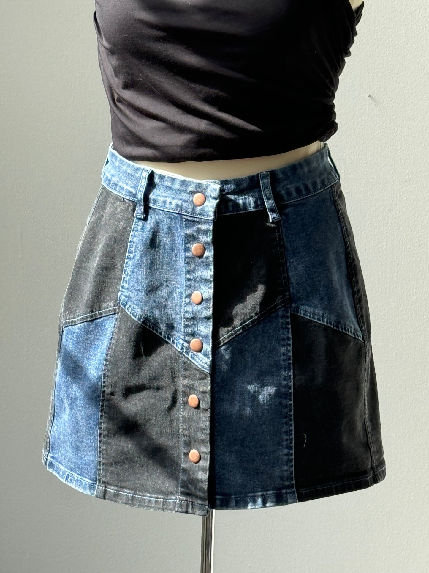August Patchwork Denim Skirt In Indigo