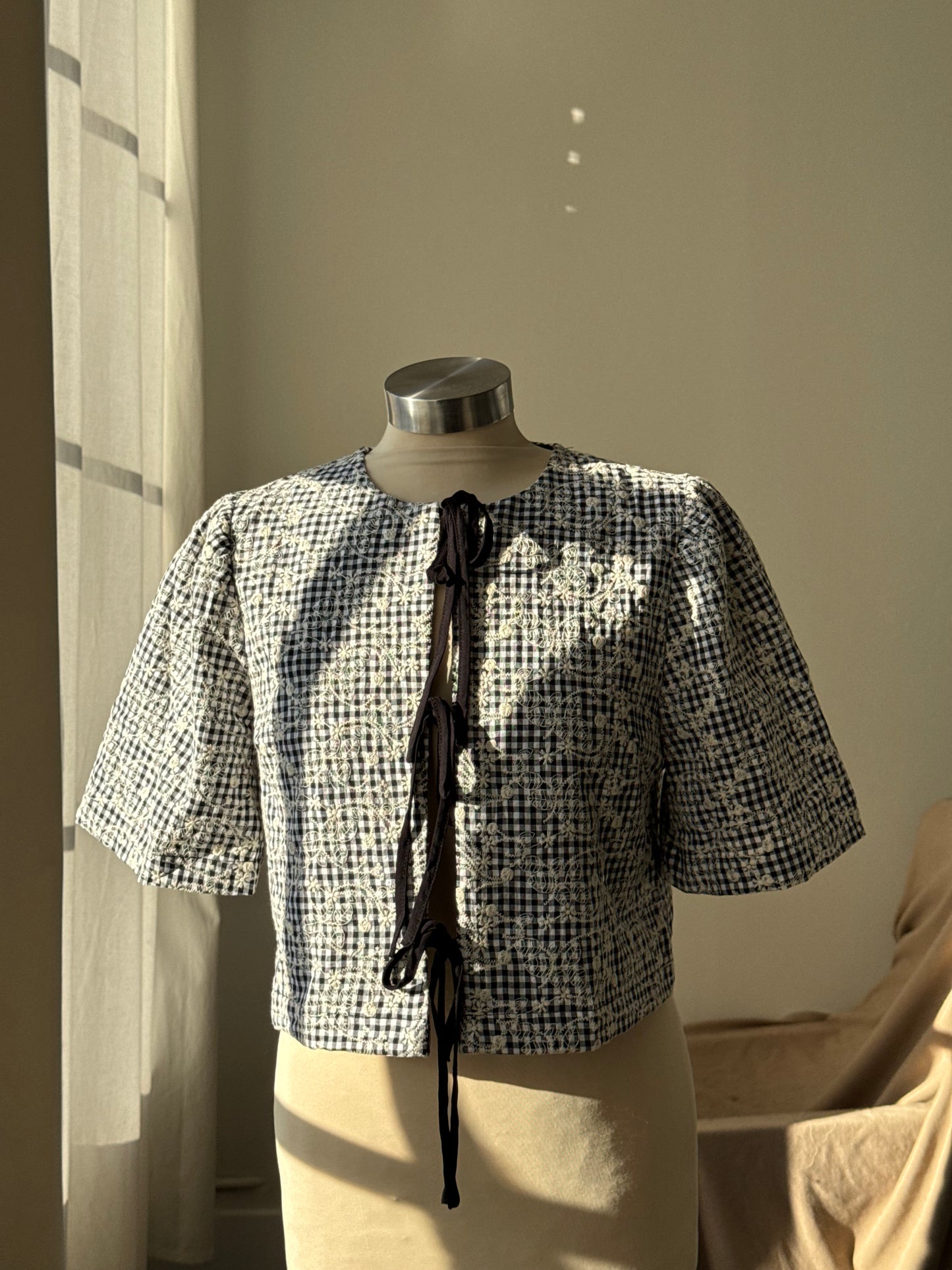 Toni Cotton Embroidered Tie Front Top In Black Floral Gingham￼ ￼