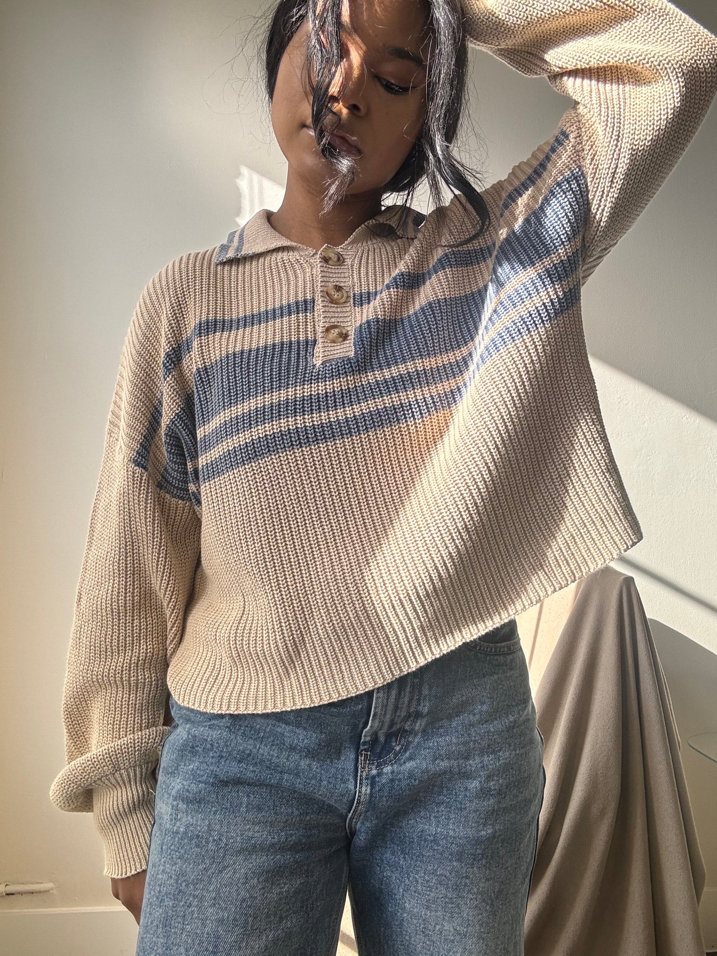 Malcolm Cotton Classic 90s Style Cropped Sweater In Vintage Blue