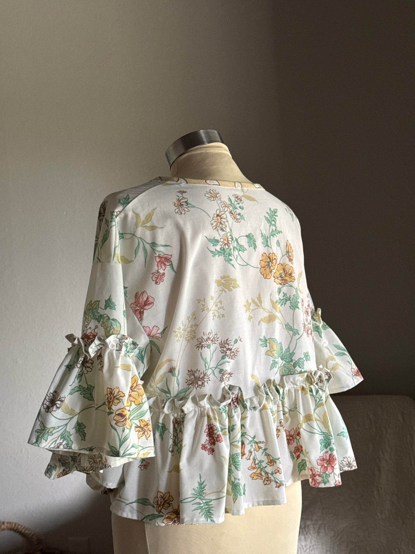 Joycie Vintage Cotton Handcrafted Floral Ruffle Tie Top