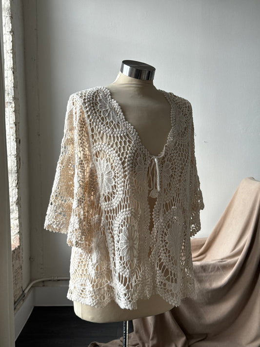 Marcella Cotton Crochet Tie Front Top In Natural