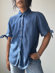Carolyn Tie Sleeve Button Down Denim Shirt In Indigo