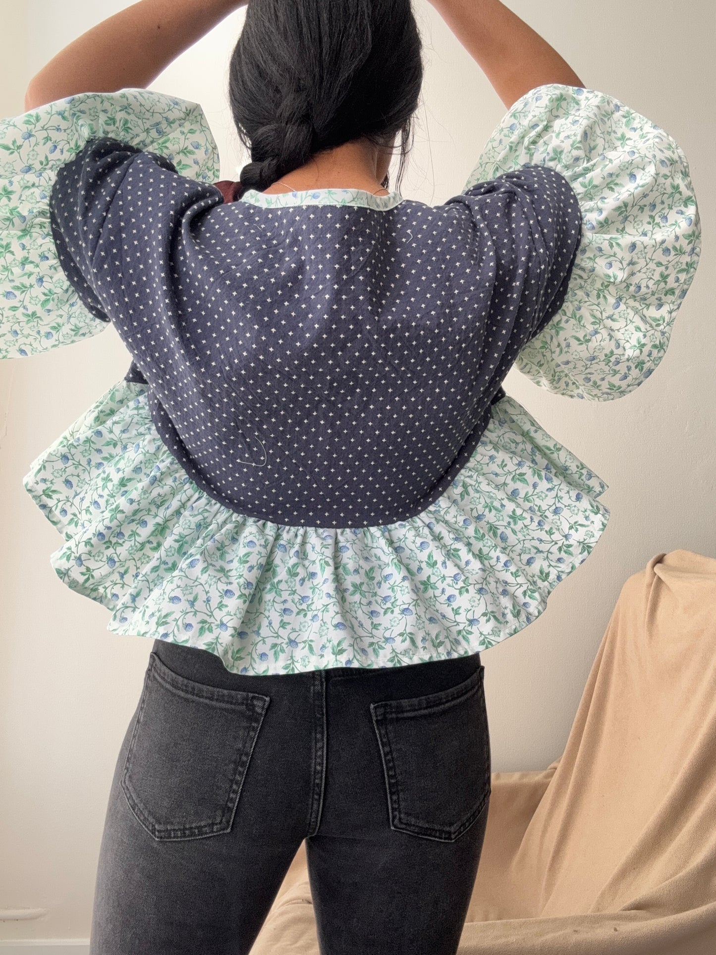 Brenda Vintage Cotton Handcrafted Ruffle Top In Navy