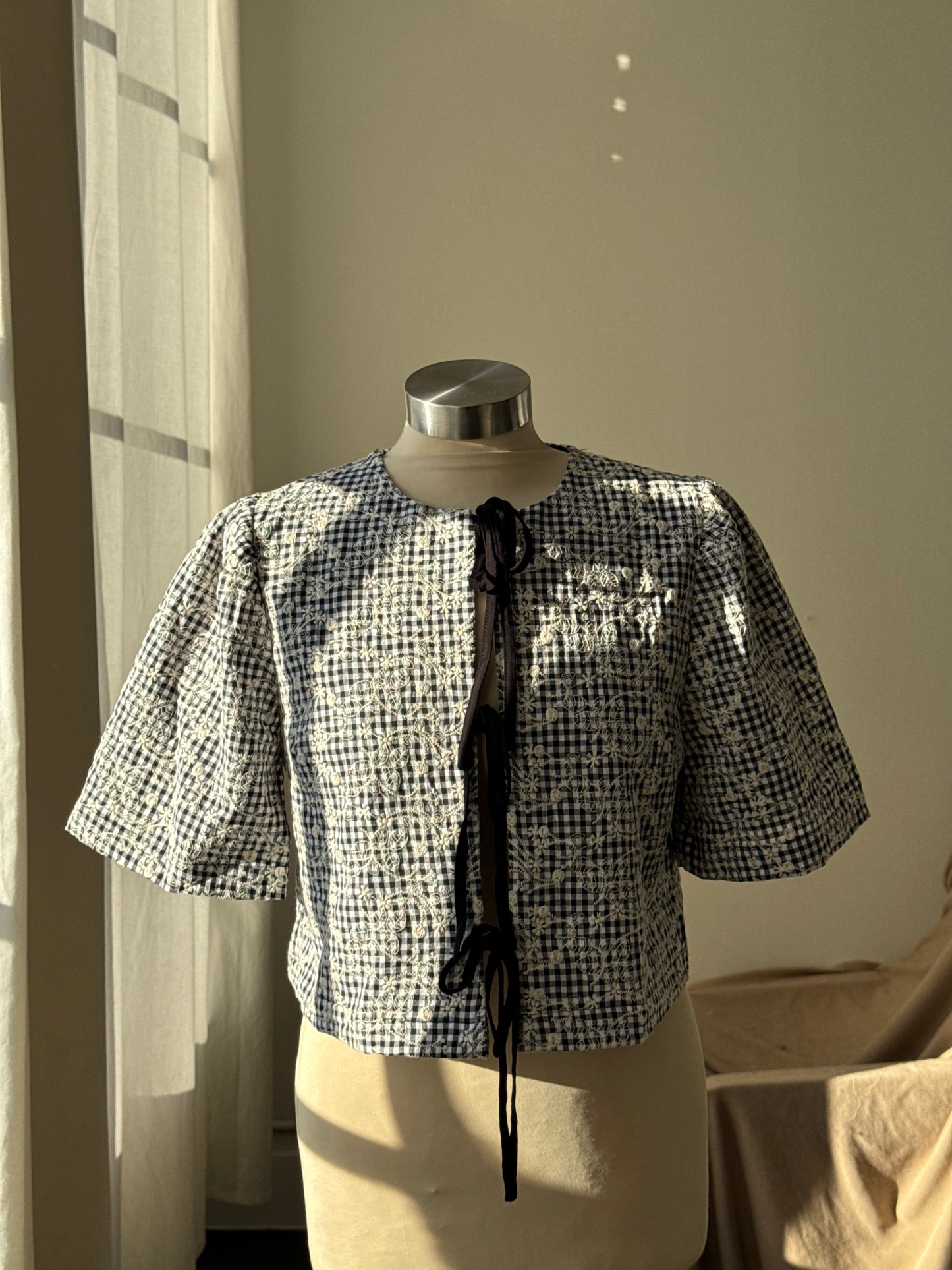 Toni Cotton Embroidered Tie Front Top In Black Floral Gingham￼ ￼